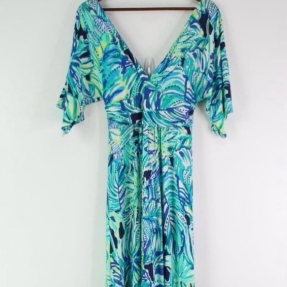 Lilly Pulitzer Green and Blue Tie Front Maxi Dress